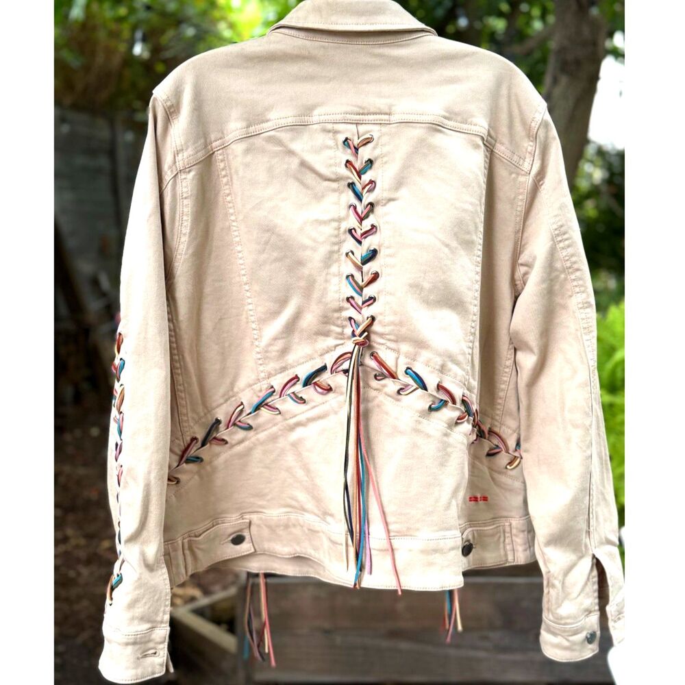 Peace Love World Cotton Beige Denim Jacket MultiColor Baseball Weave Detail SZ L - Picture 13 of 13